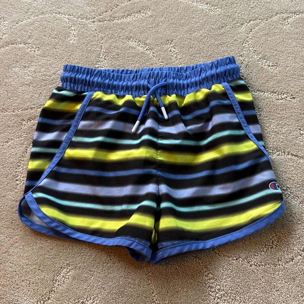 Champion Girls Striped Running Athletic Shorts, 7/8, Black, Purple, Yellow, Blue